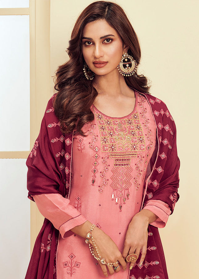 Pink and Gold Embroidered Pant Style Suit