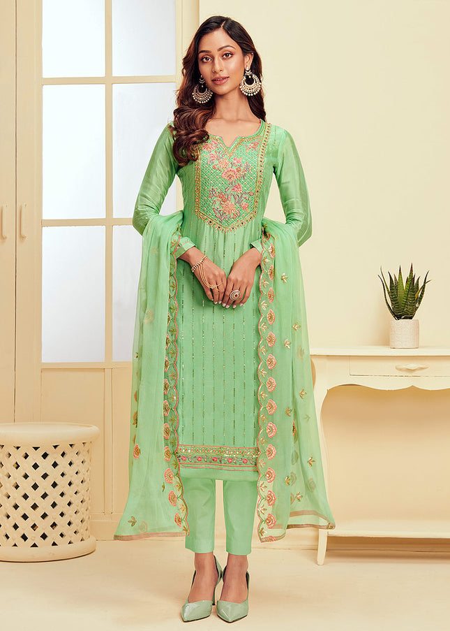 Light Green and Gold Embroidered Pant Style Suit