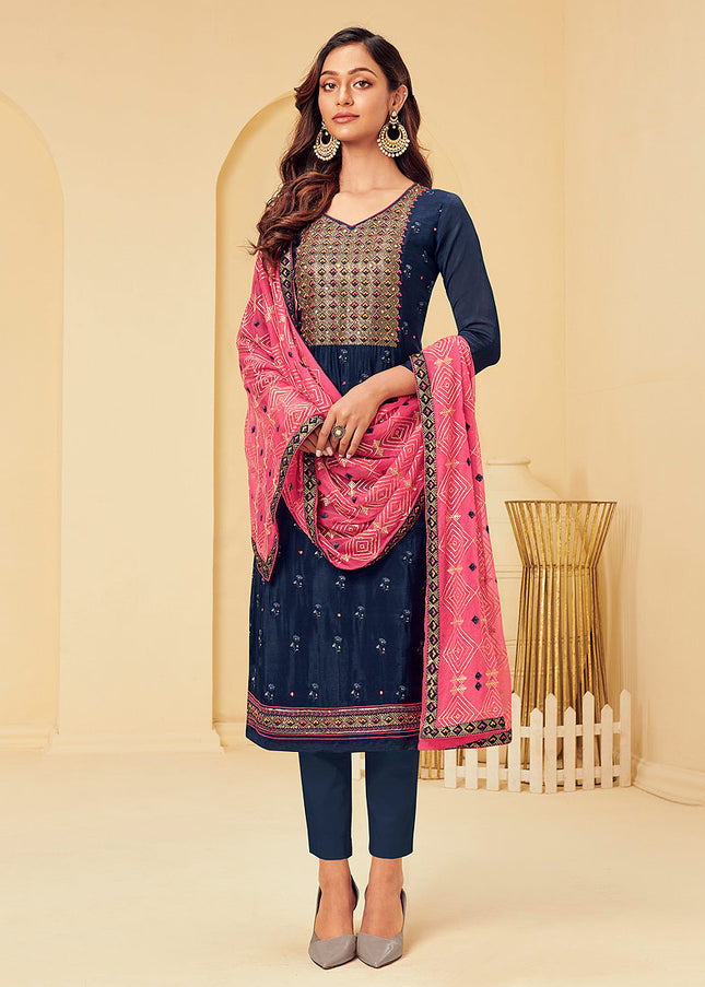 Blue and Pink Embroidered Pant Style Suit