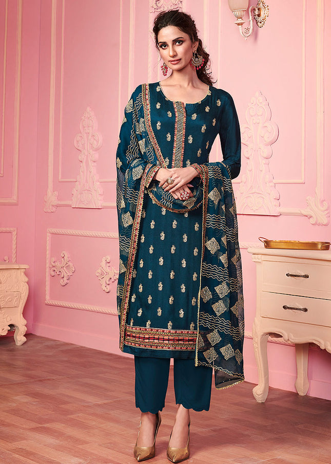 Blue and Gold Embroidered Pant Style Suit
