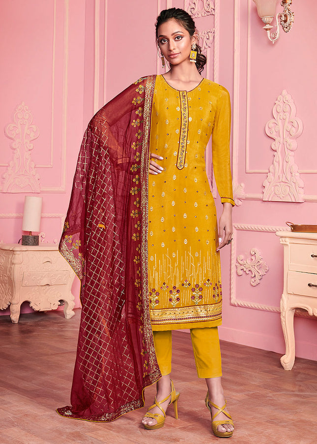 Yellow and Red Embroidered Pant Style Suit