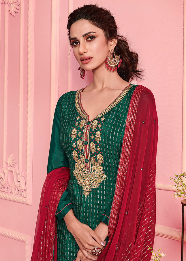 Green and Red Embroidered Pant Style Suit