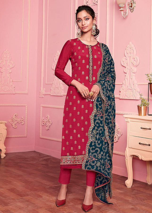 Pink and Blue Embroidered Pant Style Suit