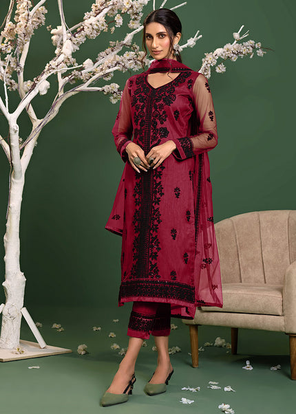 Pink and Black Embroidered Pant Style Suit