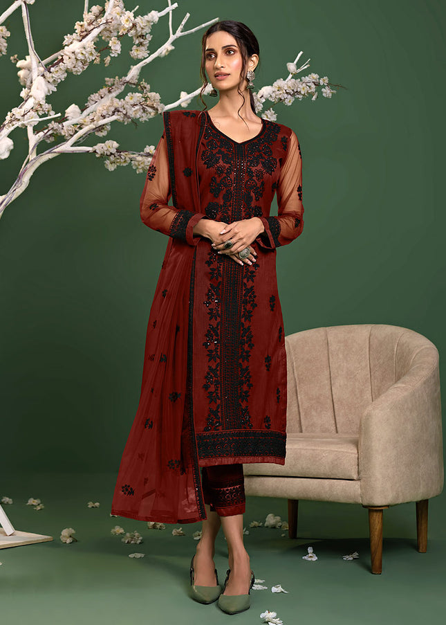 Red and Black Embroidered Pant Style Suit