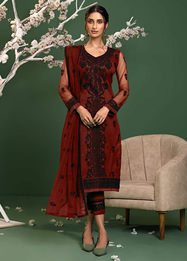 Red and Black Embroidered Pant Style Suit