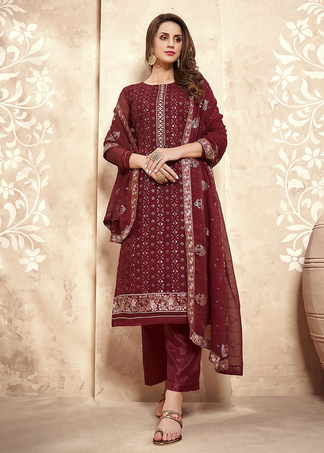 Maroon Embroidered Pant Style Suit