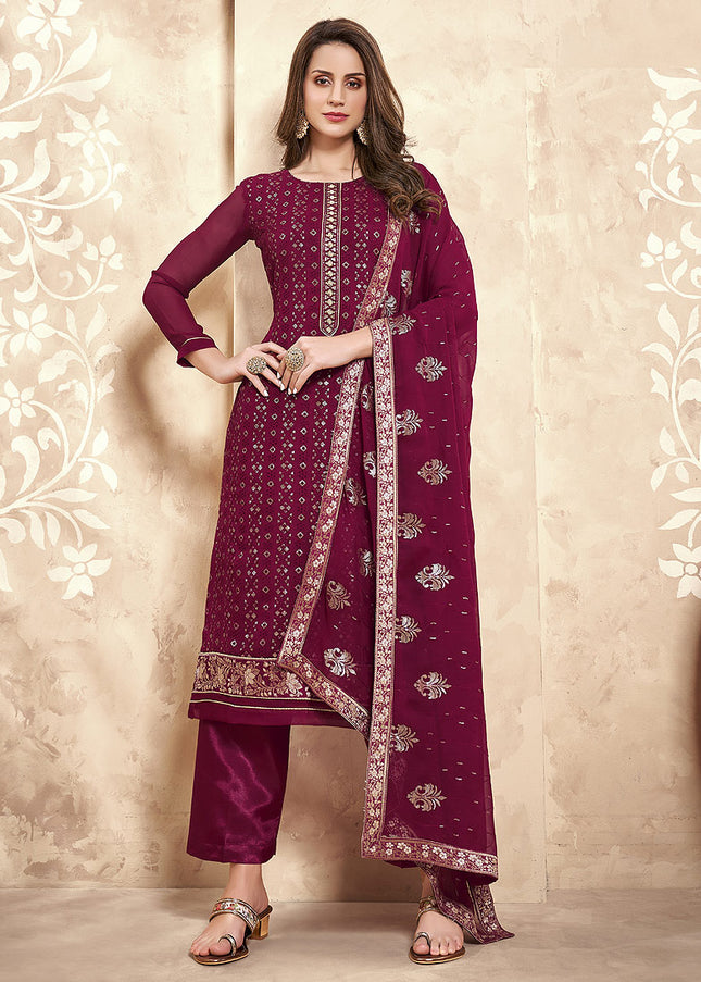 Magenta Embroidered Pant Style Suit