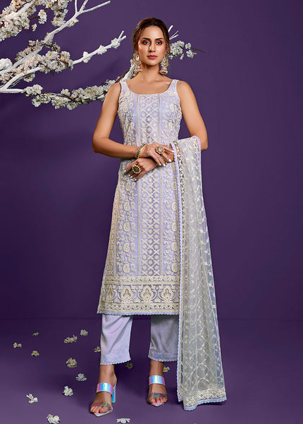 Light Lavender Embroidered Pant Style Suit