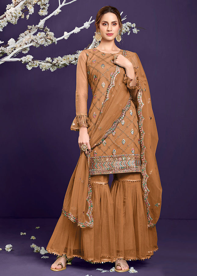 Brown Embroidered Gharara Suit