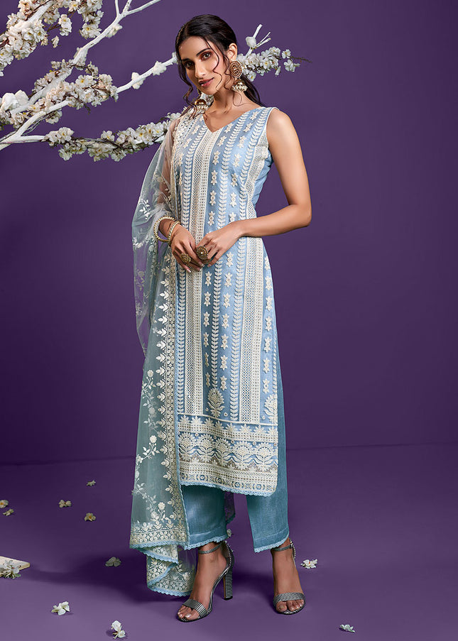 Light Blue Embroidered Pant Style Suit