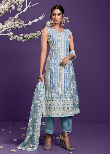 Light Blue Embroidered Pant Style Suit