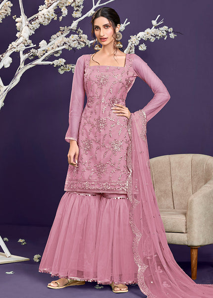 Pink and Gold Embroidered Gharara Suit