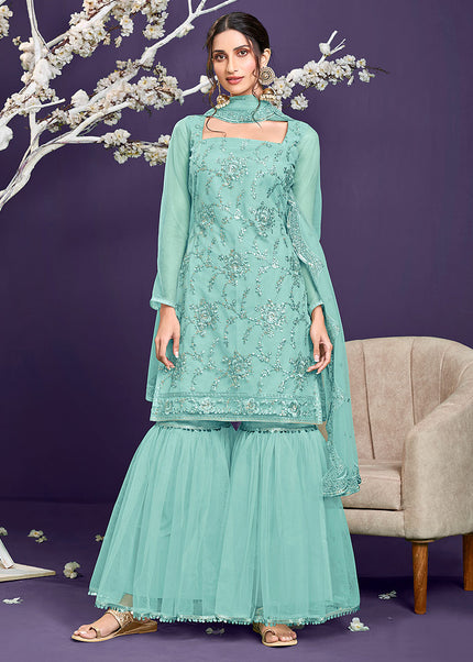 Sky Blue and Gold Embroidered Gharara Suit
