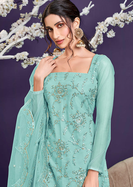 Sky Blue and Gold Embroidered Gharara Suit