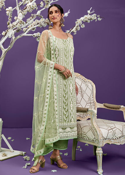 Pista Green Embroidered Pant Style Suit