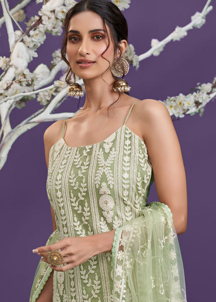 Pista Green Embroidered Pant Style Suit