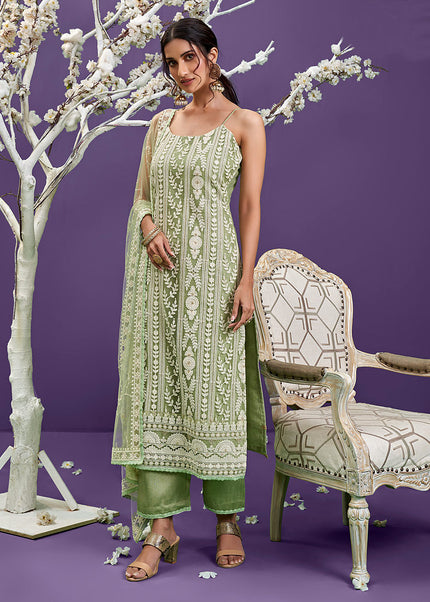 Pista Green Embroidered Pant Style Suit