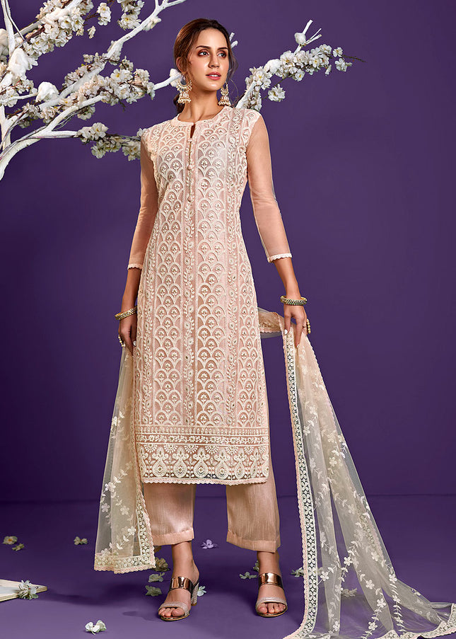 Peach Embroidered Pant Style Suit