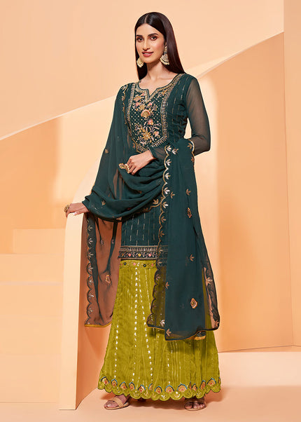 Dark Green and Green Embroidered Gharara Suit