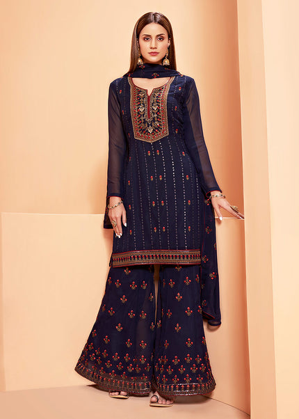 Dark Blue and Gold Embroidered Gharara Suit