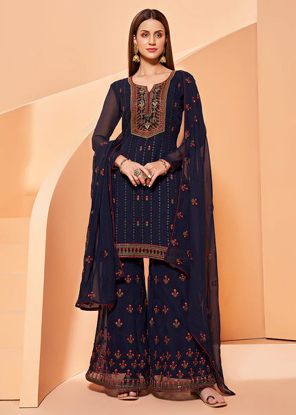 Dark Blue and Gold Embroidered Gharara Suit