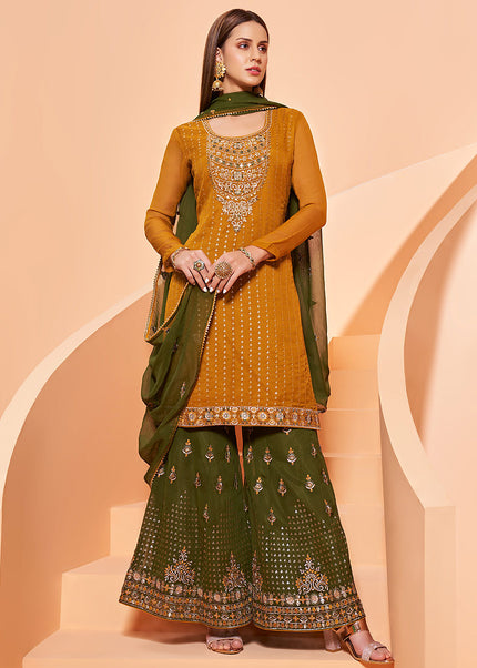 Mustard and Green Embroidered Gharara Suit