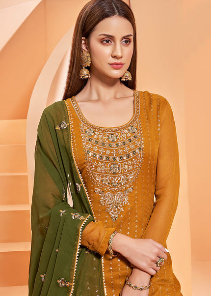 Mustard and Green Embroidered Gharara Suit