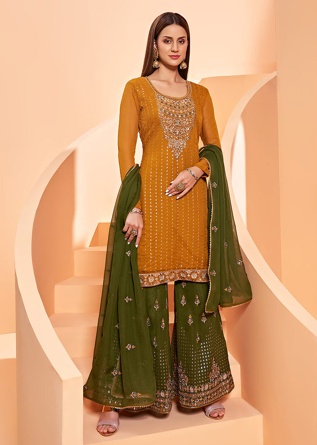 Mustard and Green Embroidered Gharara Suit