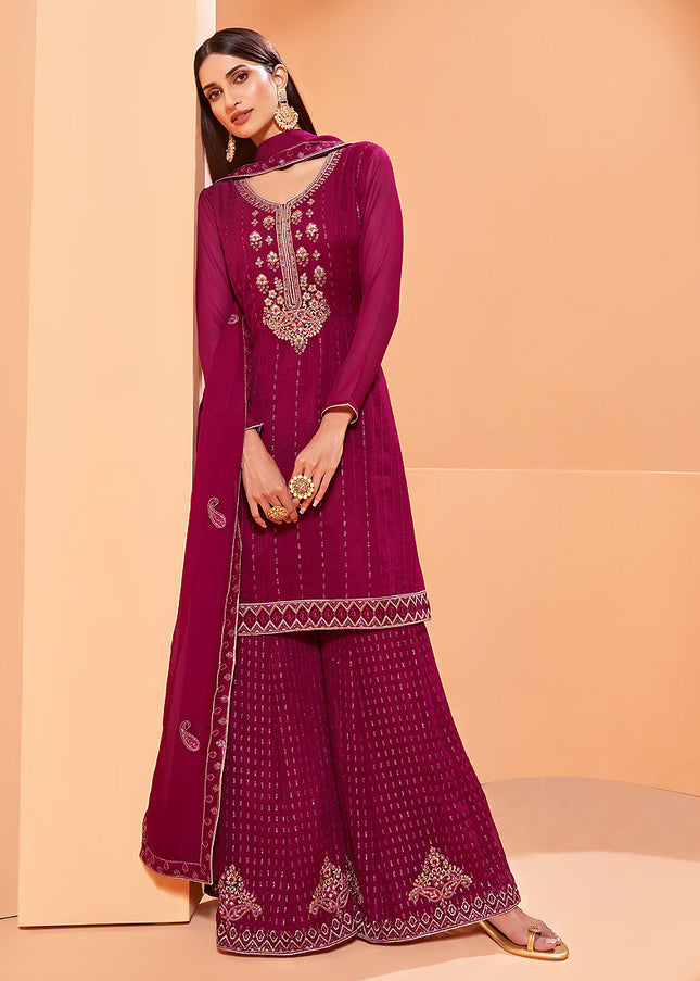 Magenta and Gold Embroidered Gharara Suit