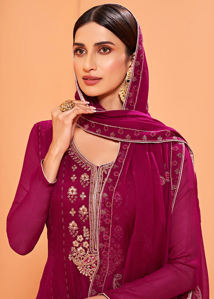 Magenta and Gold Embroidered Gharara Suit