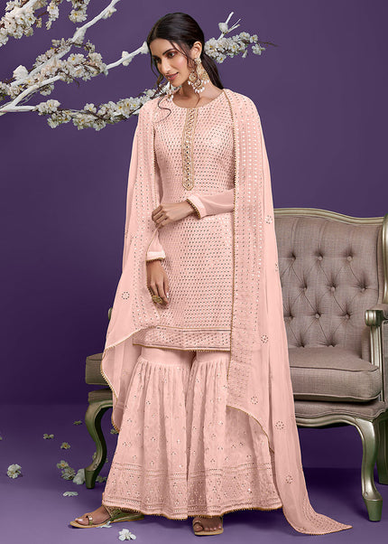 Peach and Gold Embroidered Gharara Suit