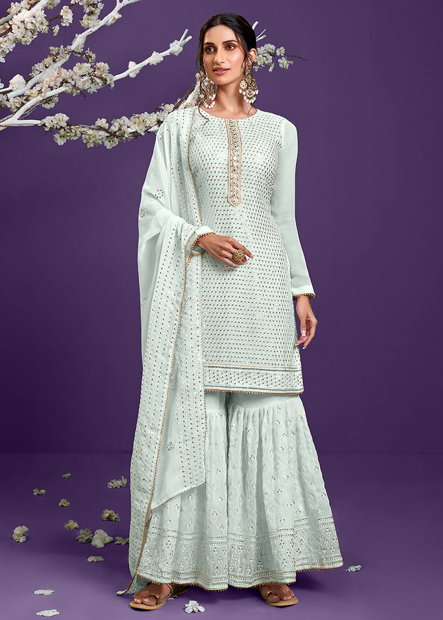 Firozi and Gold Embroidered Gharara Suit