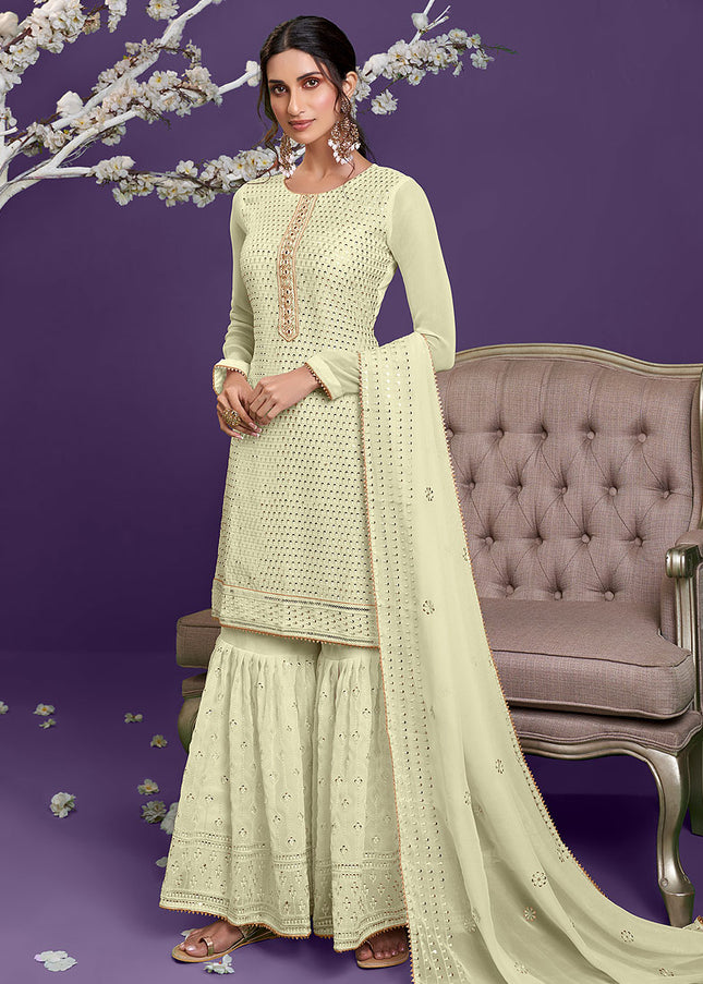 Light Yellow and Gold Embroidered Gharara Suit