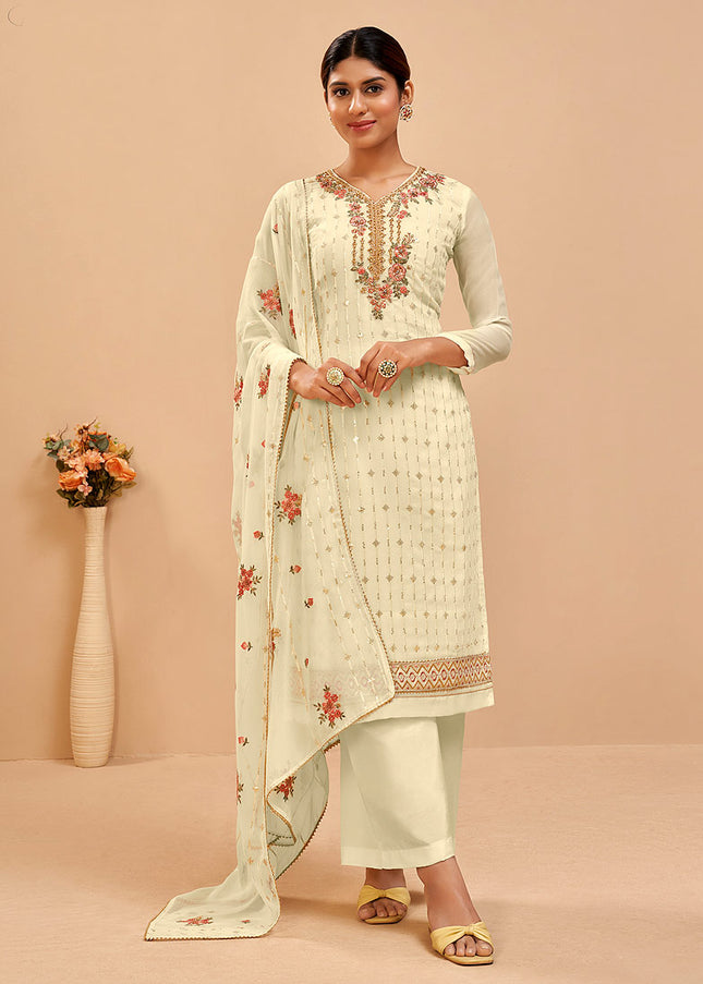 Light Yellow Embroidered Pant Style Suit