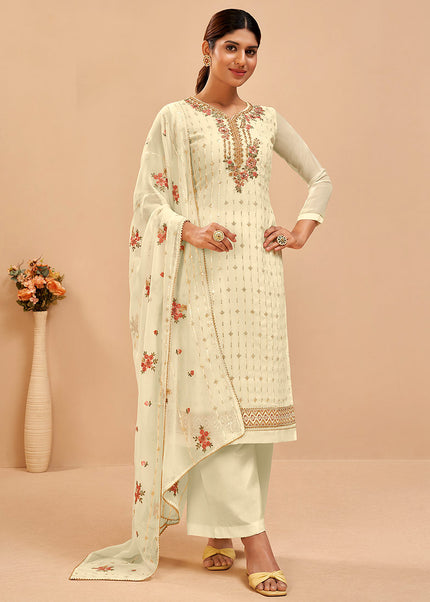 Light Yellow Embroidered Pant Style Suit