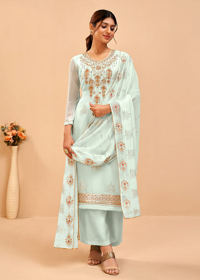 Firozi and Gold Embroidered Pant Style Suit