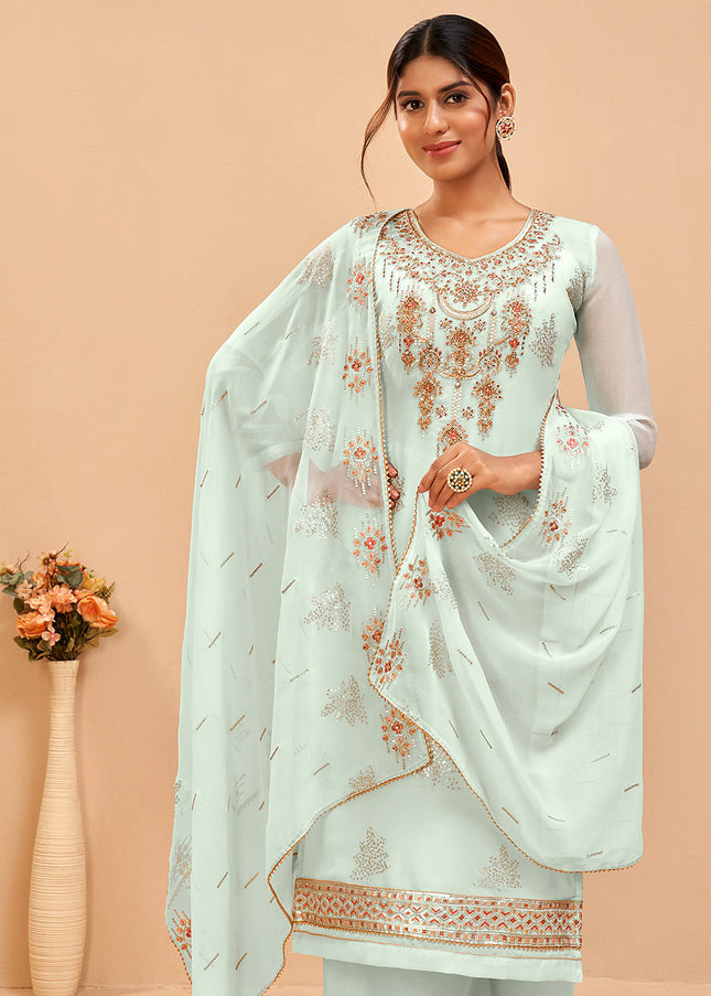 Firozi and Gold Embroidered Pant Style Suit