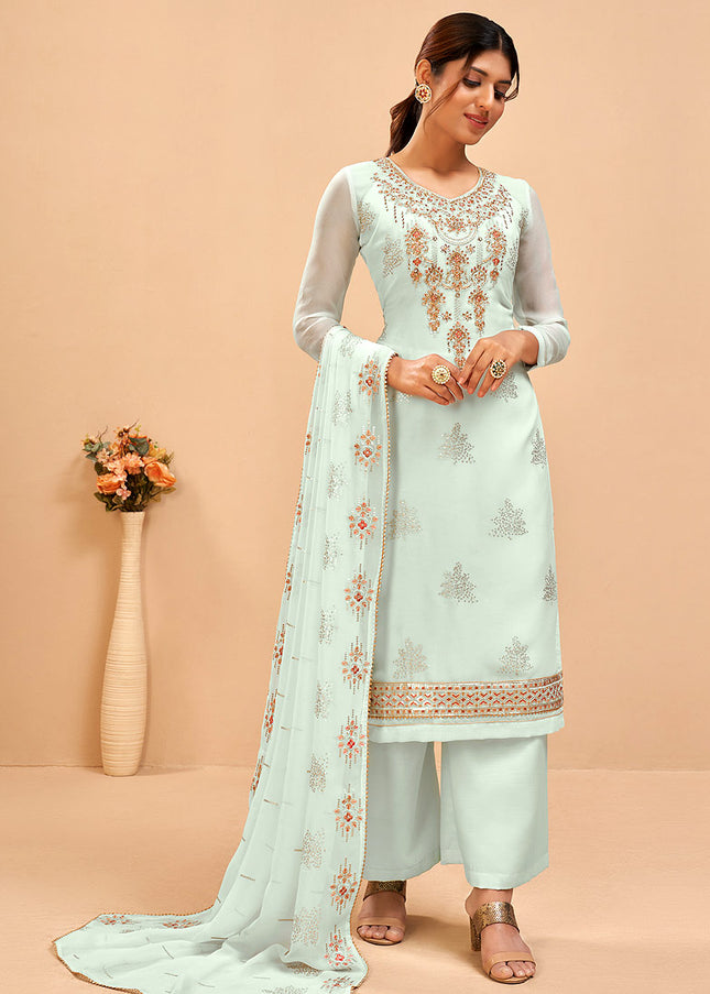 Firozi and Gold Embroidered Pant Style Suit