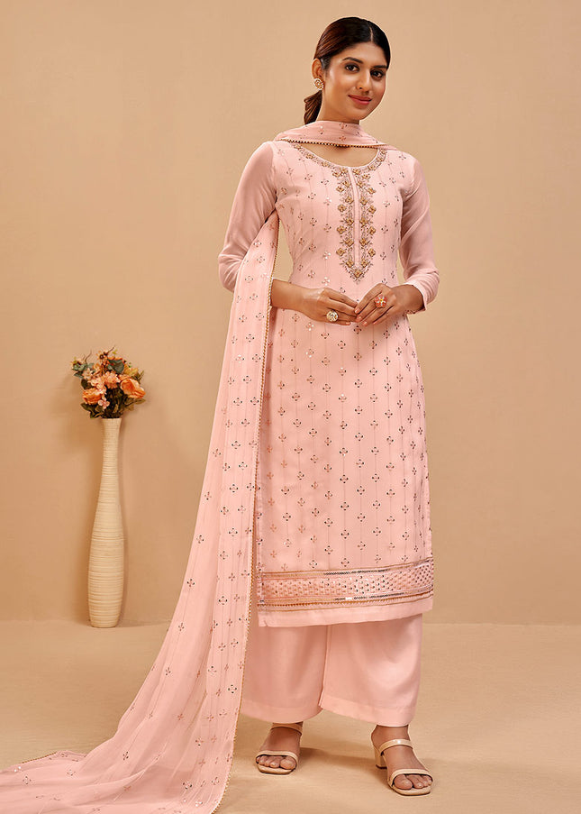 Peach and Gold Embroidered Pant Style Suit