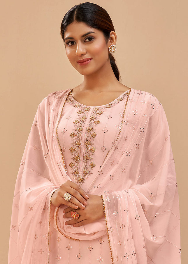 Peach and Gold Embroidered Pant Style Suit
