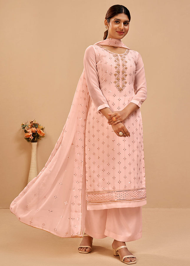 Peach and Gold Embroidered Pant Style Suit