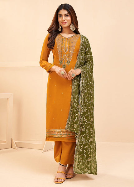 Mustard and Green Embroidered Pant Style Suit