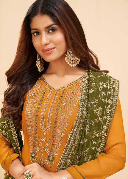 Mustard and Green Embroidered Pant Style Suit