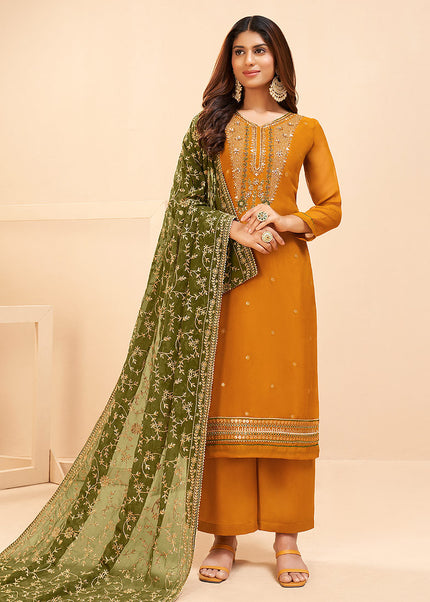 Mustard and Green Embroidered Pant Style Suit