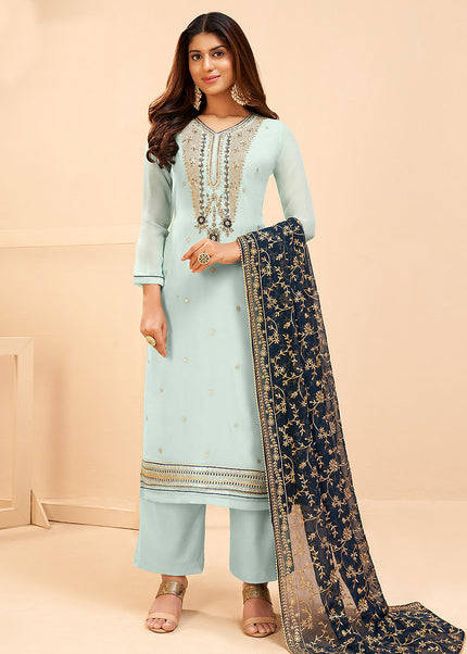 Sky Blue and Gold Embroidered Pant Style Suit