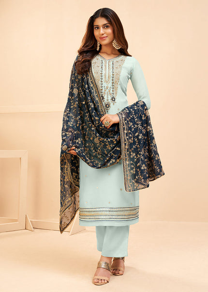 Sky Blue and Gold Embroidered Pant Style Suit