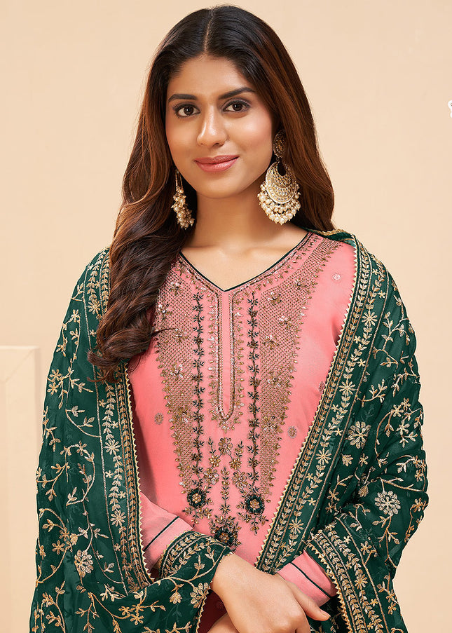 Pink and Green Embroidered Pant Style Suit