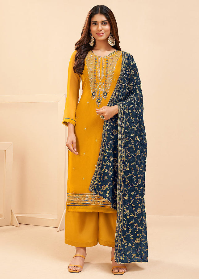 Yellow and Blue Embroidered Pant Style Suit