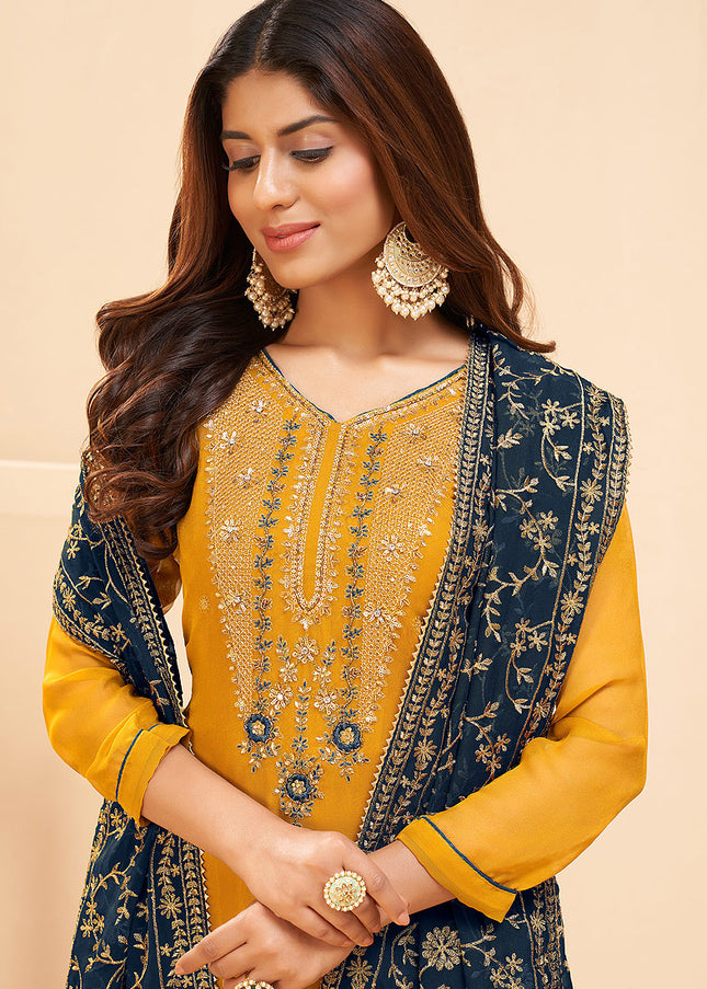 Yellow and Blue Embroidered Pant Style Suit